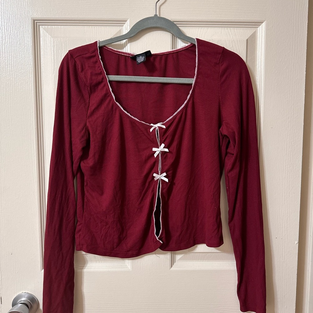Chic Burgundy Long Sleeve Blouse with Bow Accents
